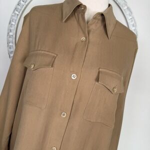 Lauren Ralph Lauren Women's Tan Brown Silk Button Up Shirt Roll Tab Sleeve Top M